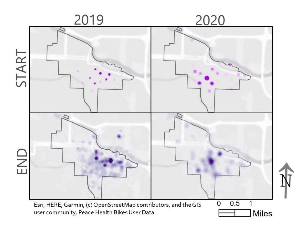 Map comparing common end user hubs of the Eugene rideshare system in 2019 versus 2020.